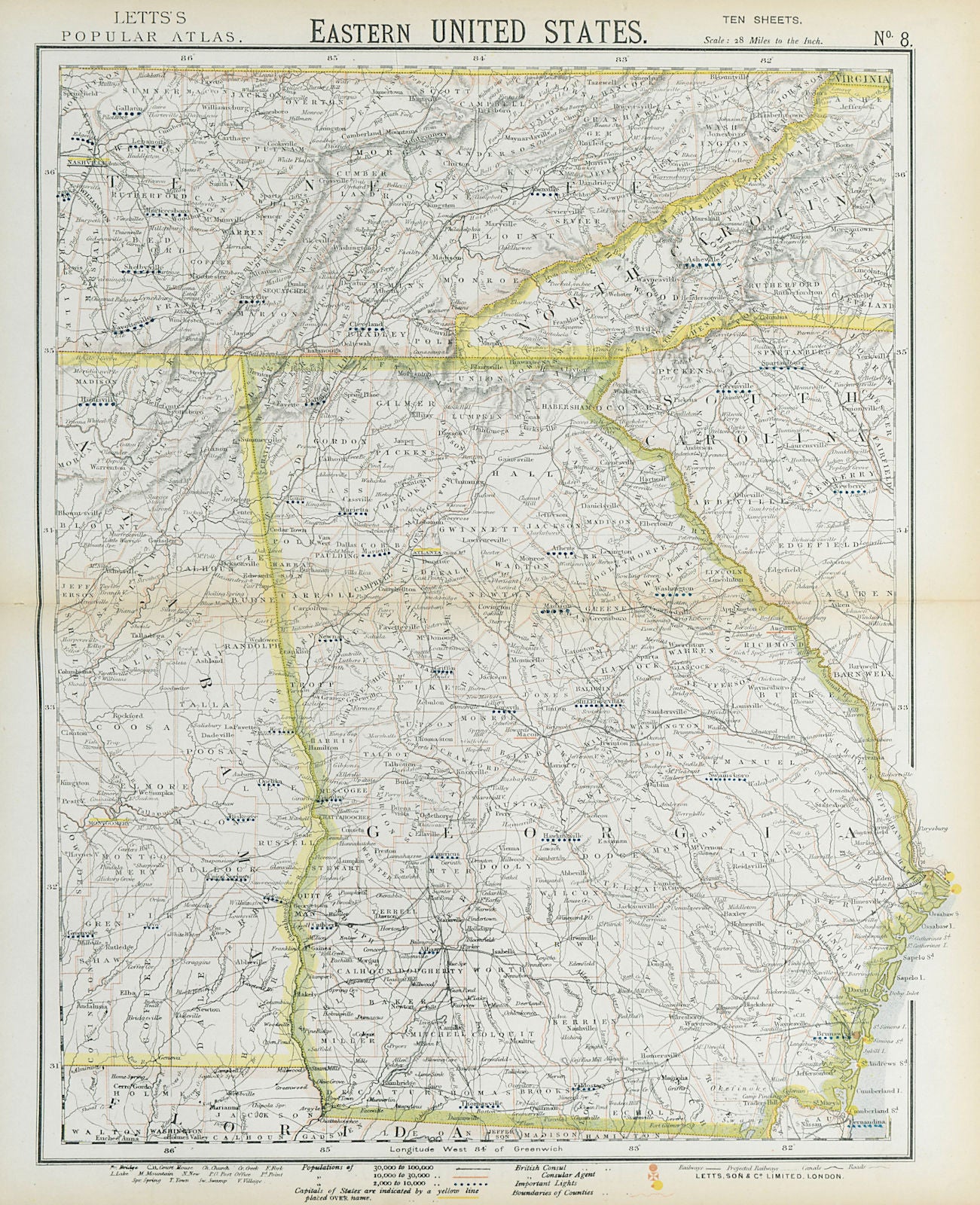 GEORGIA & Southern Appalachia. Alabama Tennessee NC SC Railroads. LETTS 1883 map